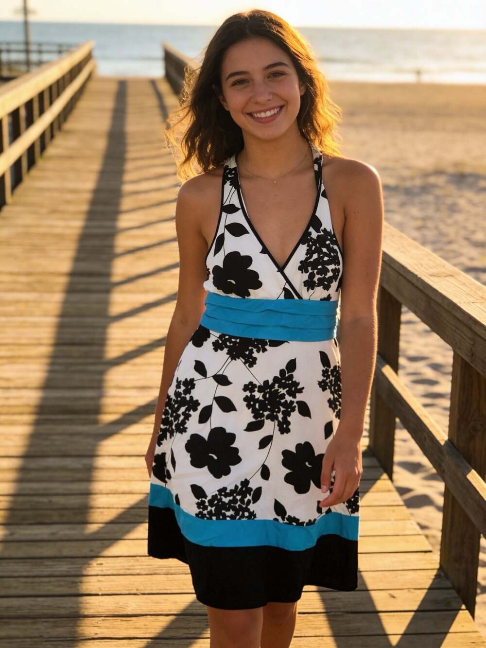 Trixxi Juniors Black and White Floral Print Halter Dress with Teal Sash
